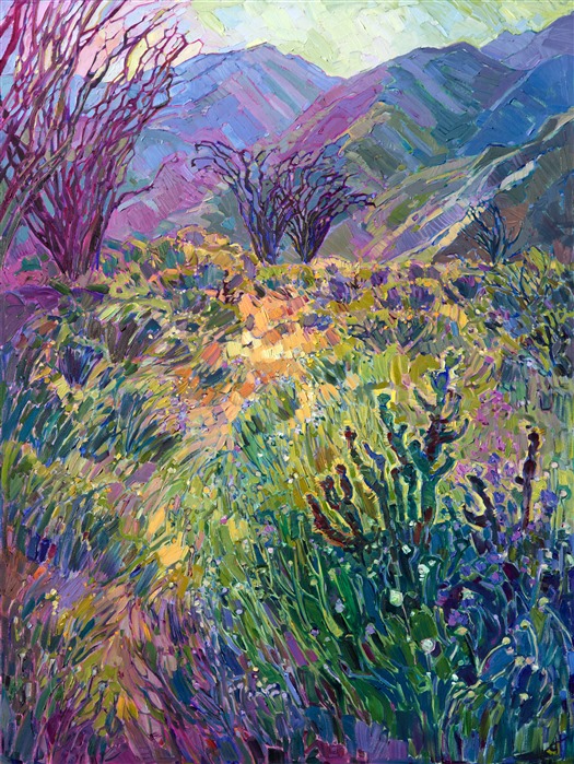Borrego Springs glows with color in the late afternoon, especially during the spring, and twice especially during a super bloom. The loose brush strokes capture the impressionistic motion of the landscape.

This painting was created on 1-1/2" deep canvas, with the painting continued around the edges.  The painting arrives framed in a carved floater frame designed for the painting.

This painting will be displayed at <a href="https://www.erinhanson.com/event/californiasuperbloomartexhibition">The Super Bloom Show</a>, September 9th, at The Erin Hanson Gallery in San Diego.  If you purchase this painting before the show, your piece will be shipped to you after September 9th.