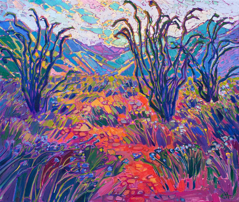 Borrego Springs is captured in all the colorful beauty of a desert super bloom. The thick brush strokes and textured paint capture the movement and feeling of hiking through the desert, with ocotillos all around, and the setting light of afternoon hitting the mountain peaks beyond. </p><p>"Borrego Colors" is an original oil painting created by Erin Hanson, the creator of Open Impressionism. The painting arrives in a contemporary gold floater frame, ready to hang.