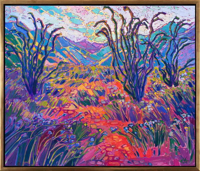 Borrego Springs is captured in all the colorful beauty of a desert super bloom. The thick brush strokes and textured paint capture the movement and feeling of hiking through the desert, with ocotillos all around, and the setting light of afternoon hitting the mountain peaks beyond. </p><p>"Borrego Colors" is an original oil painting created by Erin Hanson, the creator of Open Impressionism. The painting arrives in a contemporary gold floater frame, ready to hang.