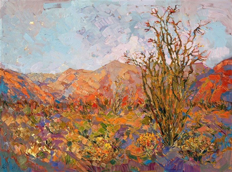 The California desert is captured here in vivid color and energetic brush strokes.The warm hues of the desert floor are contrasted with a cool morning sky, while the impressionist movement of the paint strokes capture the fleeting experience of the outdoors.  This oil painting was created over 24 karat gold leaf, so that glints of gold glimmer through the paint at certain angles.  You can see this effect in the second photograph above.</p><p>This painting was created on 3/4" canvas.  It has been framed in a wide plein air frame and arrives ready to hang.