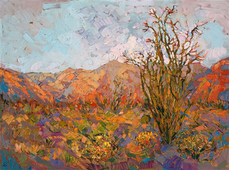 The California desert is captured here in vivid color and energetic brush strokes.The warm hues of the desert floor are contrasted with a cool morning sky, while the impressionist movement of the paint strokes capture the fleeting experience of the outdoors.  This oil painting was created over 24 karat gold leaf, so that glints of gold glimmer through the paint at certain angles.  You can see this effect in the second photograph above.</p><p>This painting was created on 3/4" canvas.  It has been framed in a wide plein air frame and arrives ready to hang.