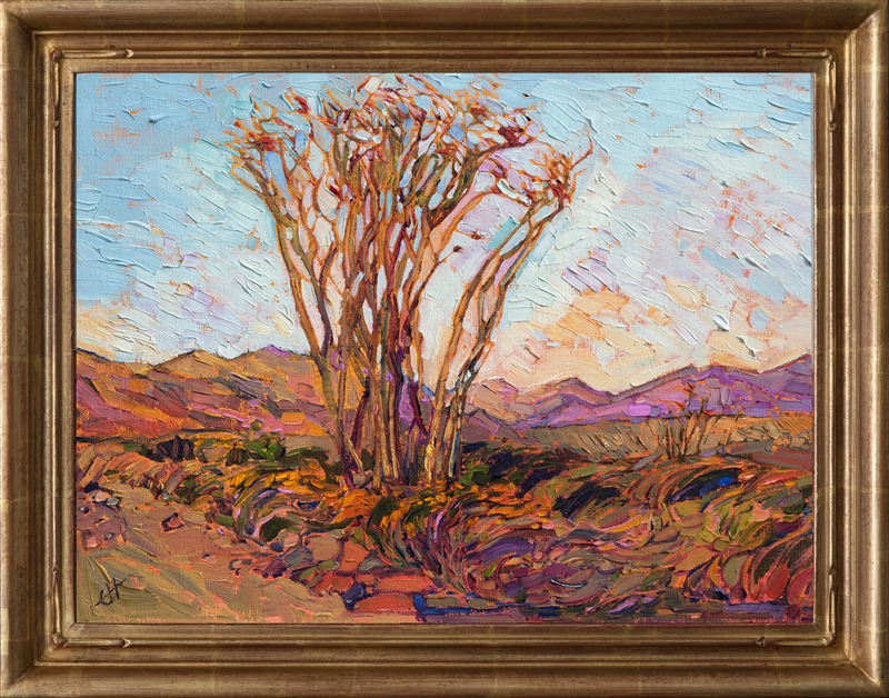 This impressionistic oil painting captures the subtle desert color of Borrego Springs, one of the gems of California's desert.  The distant mountains turn hues and pink and olive in the soft, early morning light, and the ocotillos in bloom is a must-see phenomenon. </p><p>This painting was created on fine canvas board, and the piece arrives framed and ready to hang.