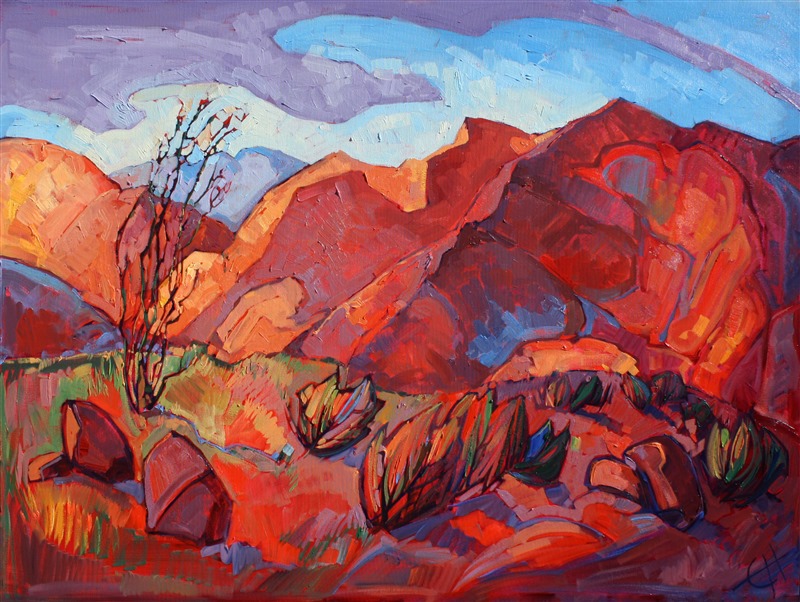 Bright colors capture the feeling of a Borrego Springs summer. The spidery ocotillo cactus cuts a mosaic of color out of the landscape, and fiery desert shrubs fill the foreground.