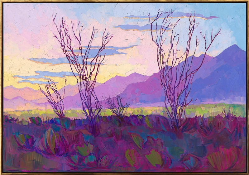 The bold, abstract shapes of desert mountain ranges fade into the purple distance, while the majestic shapes of ocotillos stretch high into the sky. This painting captures the beauty of southern California's desert at early dawn, while the air is clear and crisp, and the desert floor is covered in hues of spring green.</p><p>"Borrego in Abstract" is a painting of ocotillos at Borrego Springs, California. The piece arrives framed in a classic floater frame, ready to hang. This classic painting by Erin Hanson was painted in 2013 and is being sold on consignment.