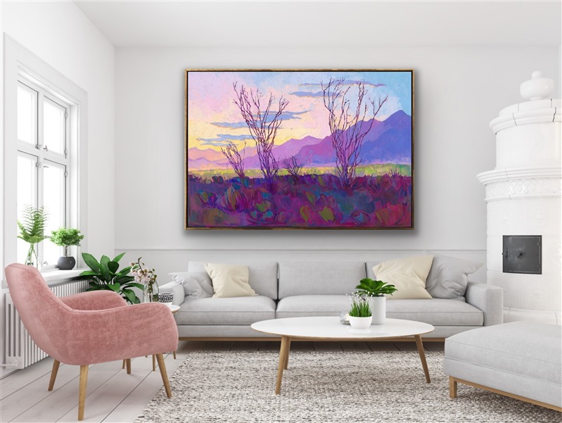 The bold, abstract shapes of desert mountain ranges fade into the purple distance, while the majestic shapes of ocotillos stretch high into the sky. This painting captures the beauty of southern California's desert at early dawn, while the air is clear and crisp, and the desert floor is covered in hues of spring green.</p><p>This painting was exhibited at <i>Erin Hanson: Landscapes of the West </i> solo museum exhibition at the Sears Art Museum in St. George, Utah.