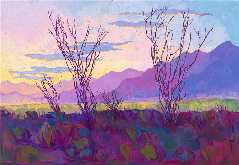 The bold, abstract shapes of desert mountain ranges fade into the purple distance, while the majestic shapes of ocotillos stretch high into the sky. This painting captures the beauty of southern California's desert at early dawn, while the air is clear and crisp, and the desert floor is covered in hues of spring green.</p><p>"Borrego in Abstract" is a painting of ocotillos at Borrego Springs, California. The piece arrives framed in a classic floater frame, ready to hang. This classic painting by Erin Hanson was painted in 2013 and is being sold on consignment.