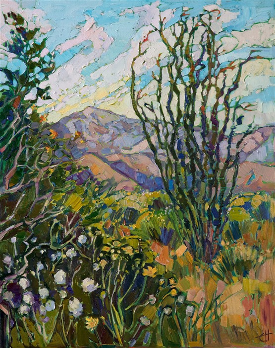 The 2017 desert super bloom in California is captured forever in this contemporary impressionistic painting.  The desert valley was covered in a blanket of yellow and white blooms, with bursts of purple and blue scattered between.  The lush colors are re-created here in oil, bringing back to life the transient beauty of the desert.</p><p>This painting was created on 1-1/2" deep canvas, with the painting continued around the edges.  The painting arrives framed in a carved floater frame designed for the painting.</p><p>This painting will be displayed at <a href="https://www.erinhanson.com/event/californiasuperbloomartexhibition">The Super Bloom Show</a>, September 9th, at The Erin Hanson Gallery in San Diego.  If you purchase this painting before the show, your piece will be shipped to you after September 9th.