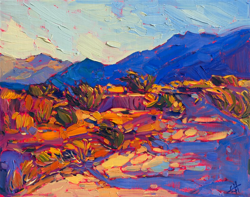 The dramatic light at Borrego Springs once again inspires a modern impressionist painting by Erin Hanson.  The desert floor, drab and colorless at noontime, turns into a fiery landscape, saturated with color, as the sun sets. The brush strokes are loose and impressionistic, forming a mosaic of color and texture across the canvas.</p><p>This painting was done on fine canvas board, and it arrives framed and ready to hang.