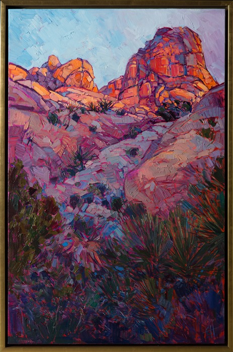 Joshua Tree National Park is most beautiful at dawn, the boulders glowing with myriad rainbow hues.  The shadows are rich with reflected color, a beautiful contrast to the sun-lit rocks in the distance.  The brush strokes in this oil painting are thick and impressionistic.</p><p>This painting was created on gallery-depth canvas with the painting continued around the edges. The painting will arrive in a beautiful hardwood floater frame, ready to hang.