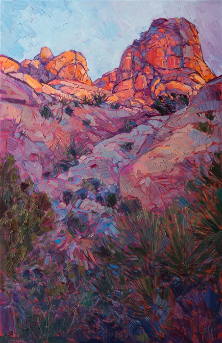 Joshua Tree National Park is most beautiful at dawn, the boulders glowing with myriad rainbow hues.  The shadows are rich with reflected color, a beautiful contrast to the sun-lit rocks in the distance.  The brush strokes in this oil painting are thick and impressionistic.

This painting was created on gallery-depth canvas with the painting continued around the edges. The painting will arrive in a beautiful hardwood floater frame, ready to hang.