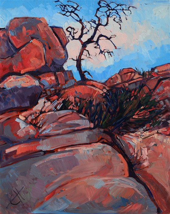 Scraggly desert scrub growing out of a granite boulder stack in Joshua Tree National Park. The paint strokes in this painting are applied with an impressionistic flair and energy.