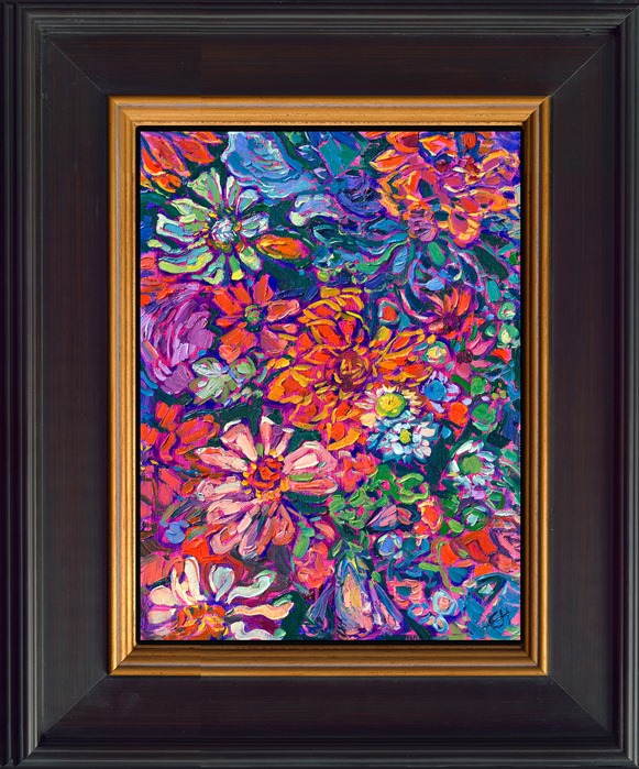 This petite oil painting captures the vibrant hues of a summer bouquet of flowers. Thickly applied brush strokes of oil capture the glimmering colors of the petals.