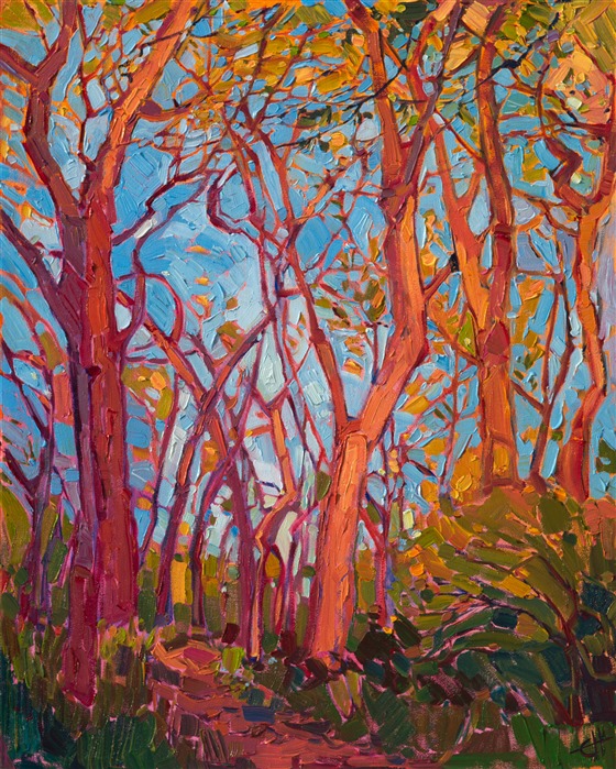 With an expressionistic movement of color and abstract shapes of light, this painting brings to life a group of slim oak trees stretching high into a blue sky. The brush strokes are thick and textured, creating a dimensional feel to the painting.

This painting was done on 3/4"-deep stretched canvas. It has been framed in a classic gold frame and arrives wired and ready to hang.