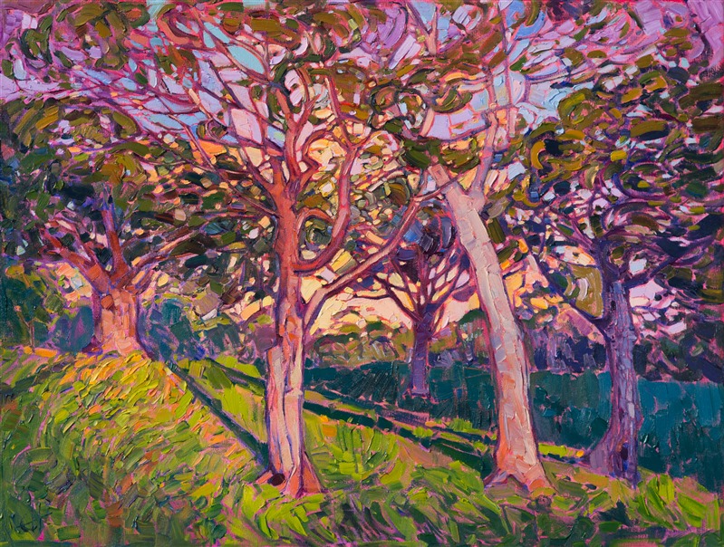 Oaken branches criss-cross and create abstract cutouts of light, like stained glass. This painting comes alive with dawn coloration and long morning shadows across the springtime grass. The brush strokes are thick and impressionistic, capturing the natural motion of the outdoors.</p><p>This painting was created on 1-1/2" deep canvas with the painting continued around the edges.  It arrives framed in a gold leaf, hand-carved floater frame.
