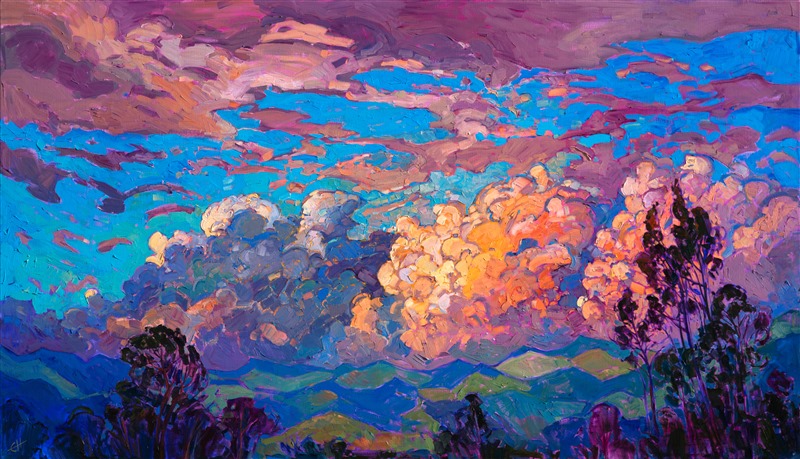 After a week of rain in San Diego, the clouds finally broke, just in time for sunset to light them in glorious hues of orange and pink. The loose, impressionist brush strokes in this painting capture the fleeting moment of color, creating a sense of movement and texture within the skyscape.

This painting was done on 2"-deep canvas, with the painting continued around the edges for a finished look.
