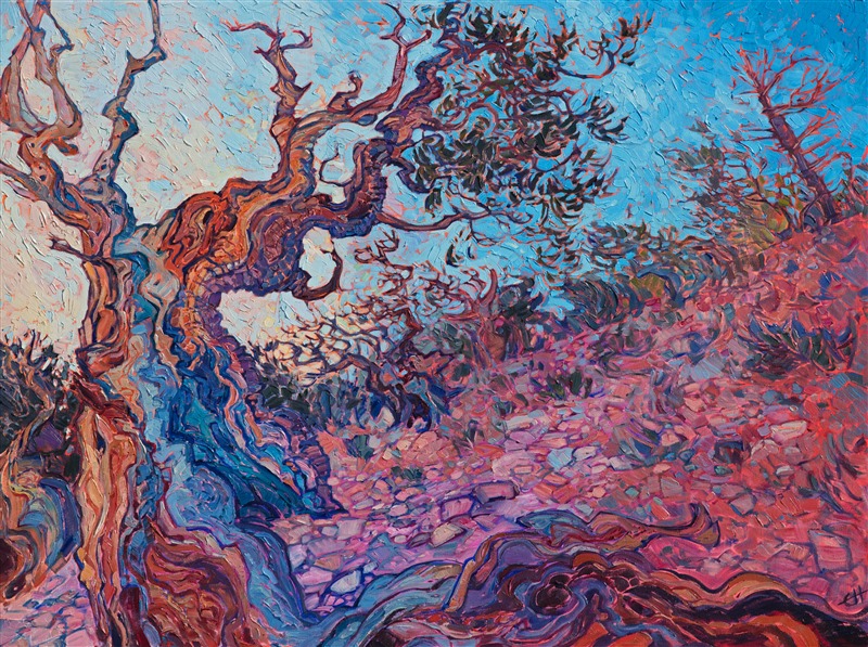 The Bristlecone Pine Forest along the eastern Sierras is home to Methuselah, the oldest tree on the planet.  These ancient trees are gnarled and twisted with age and stand as a testament to the perseverance of life.</p><p>The brush strokes in this painting are thick and impressionsitic, bringing a sense of motion to the painting.
