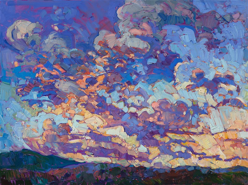 A dramatic sky explodes with color in this contemporary impressionist oil painting.  Each brush stroke plays a part in the joy and motion of the skyscape.  The colors are vibrant and pure, mixed from a limited palette of only four colors.  </p><p>This diptych was created on two 36x48 canvases, each a gallery-depth canvas with the painting continued around the sides of the canvas.  This piece is designed to hang without framing, although the two pieces could be hung together or separately, framed or unframed.</p><p>