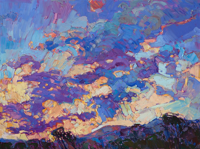 A dramatic sky explodes with color in this contemporary impressionist oil painting.  Each brush stroke plays a part in the joy and motion of the skyscape.  The colors are vibrant and pure, mixed from a limited palette of only four colors.  </p><p>This diptych was created on two 36x48 canvases, each a gallery-depth canvas with the painting continued around the sides of the canvas.  This piece is designed to hang without framing, although the two pieces could be hung together or separately, framed or unframed.</p><p>