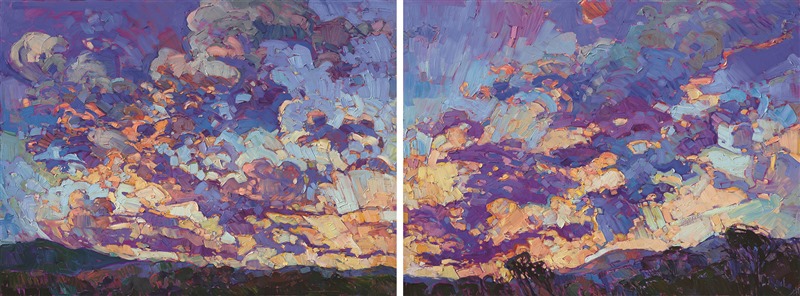 A dramatic sky explodes with color in this contemporary impressionist oil painting.  Each brush stroke plays a part in the joy and motion of the skyscape.  The colors are vibrant and pure, mixed from a limited palette of only four colors.  </p><p>This diptych was created on two 36x48 canvases, each a gallery-depth canvas with the painting continued around the sides of the canvas.  This piece is designed to hang without framing, although the two pieces could be hung together or separately, framed or unframed.</p><p>