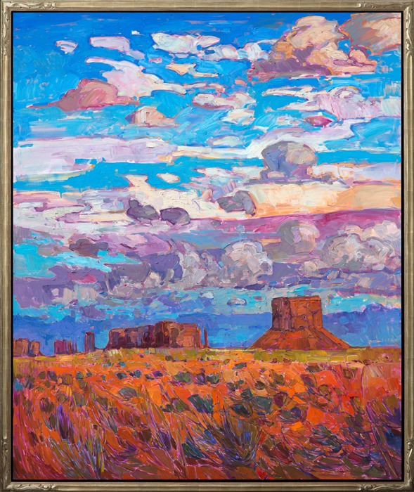 The buttes skirting the edges of Monument Valley are monoliths of beauty in their own right. Their tall, flat planes of color rise starkly from the flat desert floor, which itself is rainbow of color: green and purple shrubs planted against bright orange sands. This painting captures monsoon clouds on a summer day at the four corners region. The brush strokes are thick and impressionistic, creating a mosaic of color and texture across the canvas.</p><p>This painting was done on 1-1/2"-deep canvas, with the painting continued around the edges.  <i>Buttes and Sky</i> has been framed in a hand-carved, gold leaf floater frame that was custom-made for this painting.