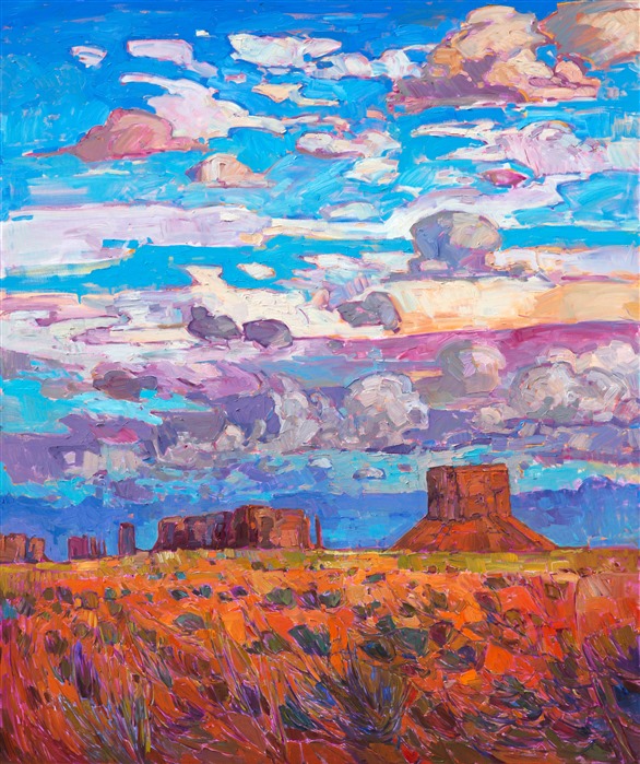 The buttes skirting the edges of Monument Valley are monoliths of beauty in their own right. Their tall, flat planes of color rise starkly from the flat desert floor, which itself is rainbow of color: green and purple shrubs planted against bright orange sands. This painting captures monsoon clouds on a summer day at the four corners region. The brush strokes are thick and impressionistic, creating a mosaic of color and texture across the canvas.

This painting was done on 1-1/2"-deep canvas, with the painting continued around the edges.  <i>Buttes and Sky</i> has been framed in a hand-carved, gold leaf floater frame that was custom-made for this painting.
