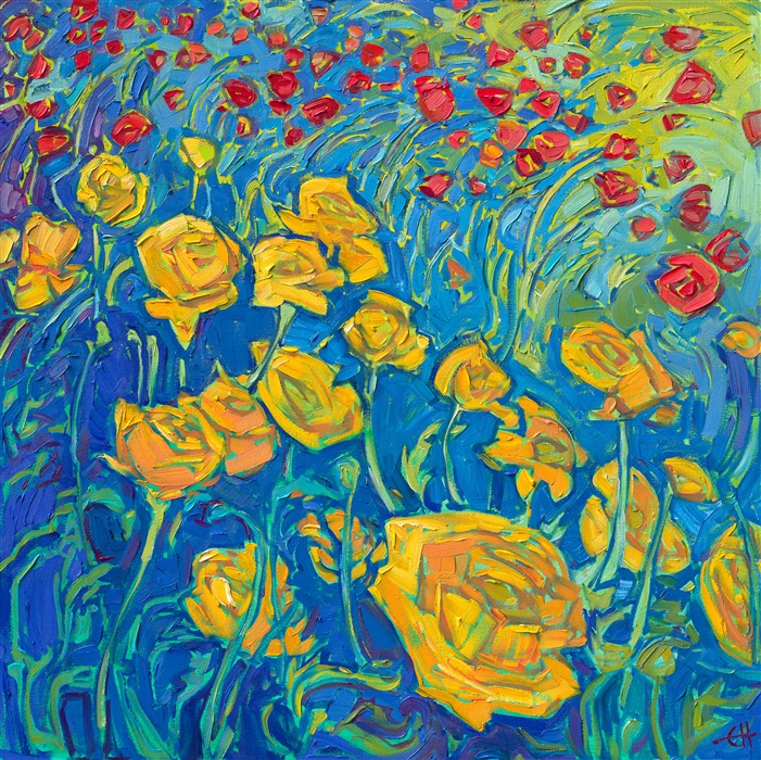 <b>PLEASE NOTE: This painting will be hanging at the Santa Paula Art Museum for Erin's <a href="https://www.erinhansonprints.com/Event/CaliforniaImpressionismatSantaPaulaMuseum" target="_blank"><i>Colors of California</a></i> exhibition. You may purchase this painting online, but the earliest we can ship your painting is July 30th.</b>

Yellow and red buttercups twirl in the sunlight, glinting with cadmium hues against a rich backdrop of springtime grasses. Loose, painterly brush strokes capture the motion and color of the scene.

"Cadmium Blooms" was created on 1-1/2" stretched canvas, and the painting arrives framed in a contemporary gold floater frame, ready to hang.