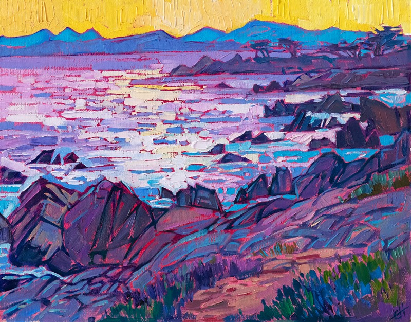 Standing at the edge of the Monterey Penninsula at dawn, you can see beautiful rocky seascapes stretching far in both directions. The distant curve of the California coastline turns blue and purple beneath the dawning sky.</p><p>"Cadmium Dawn" was created on fine linen board, and the painting arrives framed in a hand-made and gilded plein air frame.