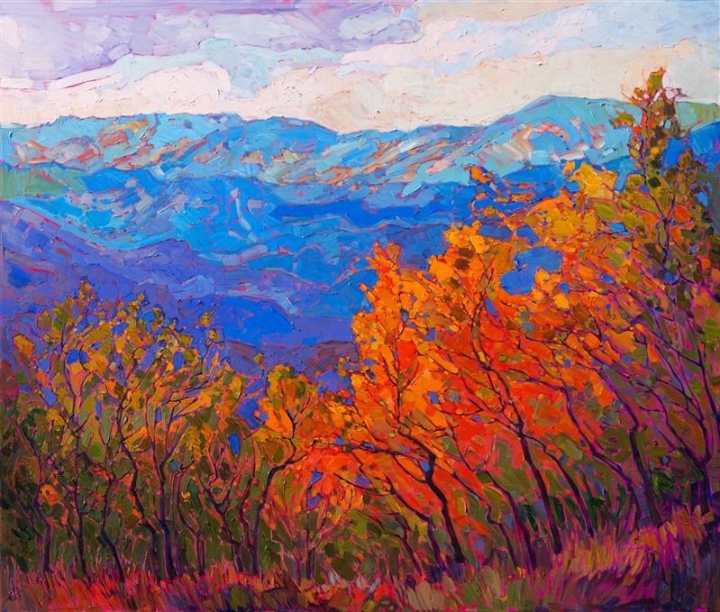Cadmium-colored aspen trees flame brilliantly with light in this oil painting of Cedar Breaks National Park.  The deep, saturated hues of the glittering aspens are a beautiful contrast against the royal blues of the distant mountains.  Each impressionistic brush stroke complements the next, forming a mosaic of color and motion.</p><p>This painting was done on 1-1/2-deep canvas, with the painting continued around the edges. The piece has been framed in a gold floater frame.