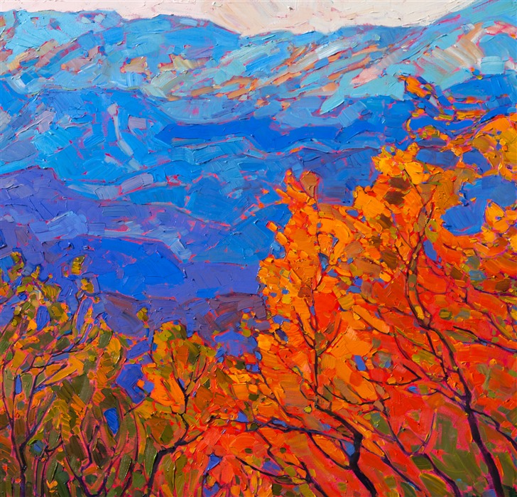 Cadmium-colored aspen trees flame brilliantly with light in this oil painting of Cedar Breaks National Park.  The deep, saturated hues of the glittering aspens are a beautiful contrast against the royal blues of the distant mountains.  Each impressionistic brush stroke complements the next, forming a mosaic of color and motion.</p><p>This painting was done on 1-1/2-deep canvas, with the painting continued around the edges. The piece has been framed in a gold floater frame.