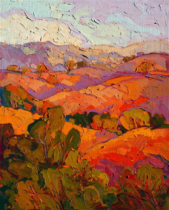 Cadmium light saturates these Paso Robles hills in dramatic late afternoon color.  The brush strokes, thickly applied, create a mosaic of color and texture.</p><p>This small oil painting arrives framed and ready to hang.