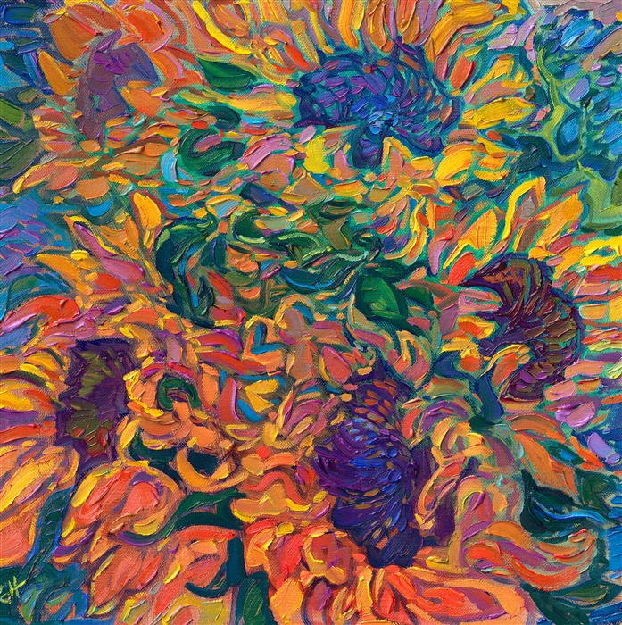 Loose, impressionistic brushstrokes flow with ever-changing color across the canvas in this petite oil painting of sunflower petals. Vibrant colors dance together in the rhythmic flow of nature's beauty.</p><p>"Cadmium Petals" is an original oil painting on linen board. The piece arrives framed in a black and gold plein air frame, ready to hang. The linen board will be framed in a mock-floater style, so none of the edges of the painting are covered by the frame, and you can enjoy the full surface of the painting.</p><p>This painting will be displayed at Erin Hanson's annual <a href="https://www.erinhanson.com/Event/ErinHansonSmallWorks2022" target=_"blank"><i>Petite Show</a></i> on November 19th, 2022, at The Erin Hanson Gallery in McMinnville, OR.