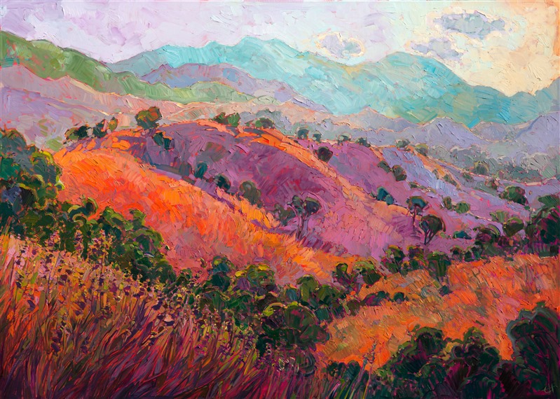 Cadmium hills layered with rich purple shadows create bands of color as the rolling California hills fade into the distance. The wildflower-filled grasses in the foreground are alive with energy and motion, the thick brush strokes vibrant with color.</p><p>This painting was created on a gallery-depth canvas with the painting continued around the edges. It arrives framed and ready to hang.</p><p>Exhibited: "Impressions in Oil", Studios on the Park. Paso Robles, CA. 2015