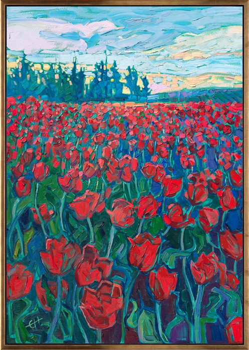 Ruby red tulips bloom in Woodburn, Oregon. The overcast sky makes the colors of the flowers even richer and more saturated. Each brush stroke is thickly applied without layering, capturing the impressionistic beauty of the scene.</p><p>"Cadmium Tulips" was created on gallery-depth canvas, and the painting arrives framed in a contemporary gold floater frame, ready to hang.