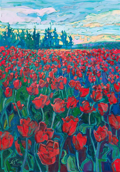 Ruby red tulips bloom in Woodburn, Oregon. The overcast sky makes the colors of the flowers even richer and more saturated. Each brush stroke is thickly applied without layering, capturing the impressionistic beauty of the scene.</p><p>"Cadmium Tulips" was created on gallery-depth canvas, and the painting arrives framed in a contemporary gold floater frame, ready to hang.