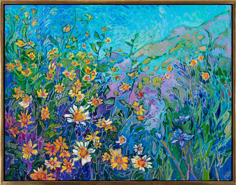 The spring blooms in southern California grew in wild abundance this year. This painting captures the color and beauty of the super bloom. Each impressionistic brush stroke is placed like a tile in a mosaic, creating an overall kaleidoscope of color.</p><p>"California Blooms" was created on 1-1/2" canvas, with the painting continued around the edges. The piece arrives framed in a classic gold floater frame.