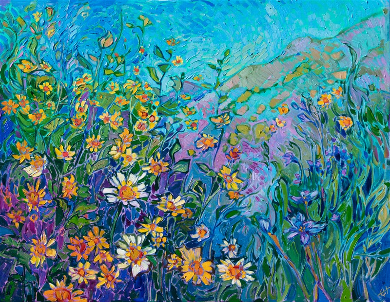 The spring blooms in southern California grew in wild abundance this year. This painting captures the color and beauty of the super bloom. Each impressionistic brush stroke is placed like a tile in a mosaic, creating an overall kaleidoscope of color.</p><p>"California Blooms" was created on 1-1/2" canvas, with the painting continued around the edges. The piece arrives framed in a classic gold floater frame.