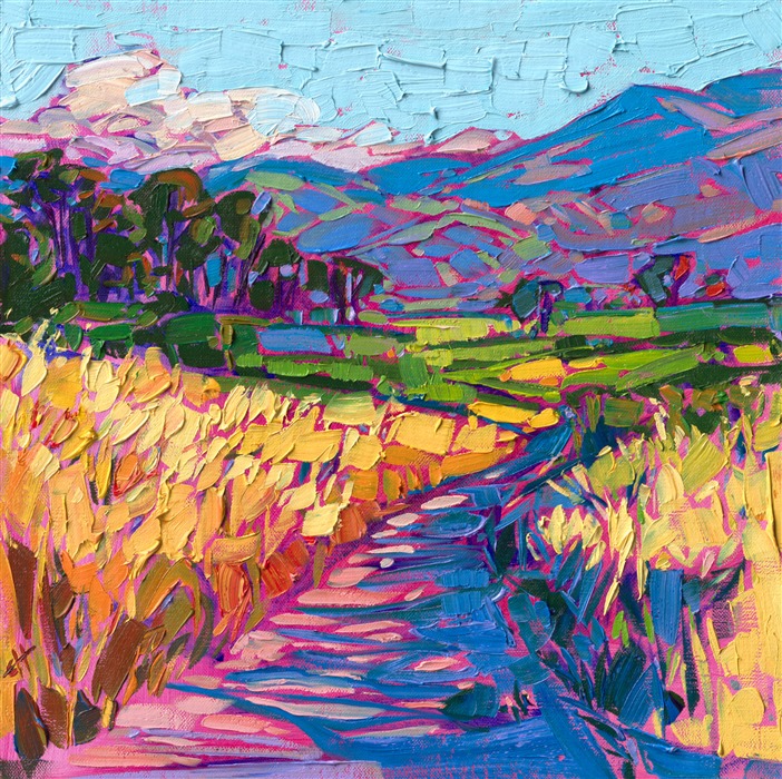 California is beautiful during all four seasons. The sun-drenched landscape varies from burnt-yellow to apple-green, and then from ultramarine blue to royal purple into the distance. Thick brush strokes add a mosaic of texture across the canvas.</p><p>"California Colors" was created on linen board. The painting arrives framed in a classic plein air frame, ready to hang.