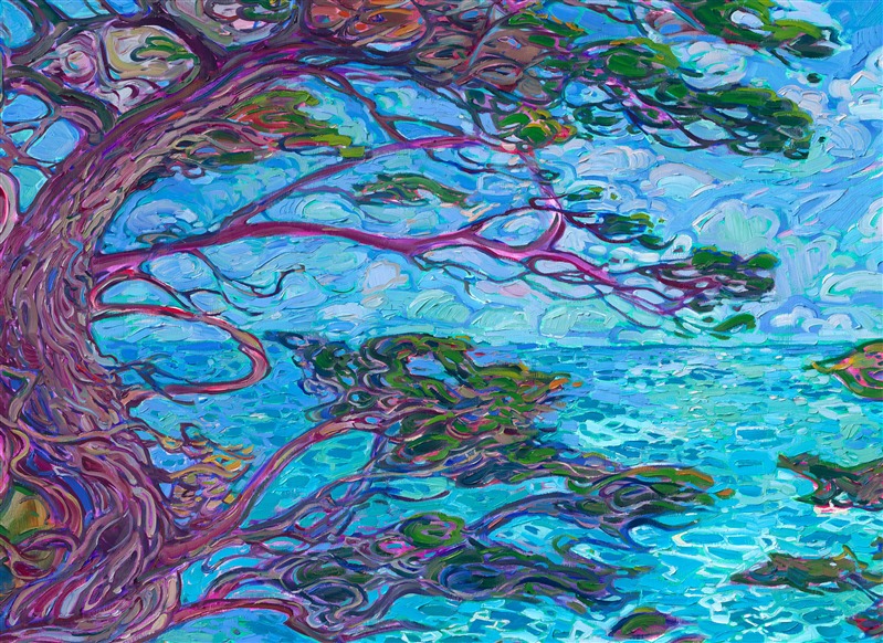 Monterey cypress trees frame a vista of the Pacific Ocean, their twisting, gnarled branches crisscrossing into abstract shapes. This oil painting of California cypress trees is alive with texture and color, capturing the vibrant motion of the outdoors with impasto, impressionistic brush strokes. Erin Hanson was inspired by hiking in Carmel's Point Lobos State Park.</p><p>This piece will be on display at Erin Hanson's solo museum show <i><a href="https://www.erinhanson.com/Event/AlchemistofColor" target="_blank">Erin Hanson: Alchemist of Color</i></a> at the Channel Islands Maritime Museum in Oxnard, California. You may purchase this painting now, but the piece will not be delivered until after the show ends on December 28th, 2023.</p><p>"California Cypress" is an original oil painting created on 2"-deep stretched canvas. The sides of the canvas are painted "wrap-around" style, so you can hang this work without framing. The piece arrives with cleat wall mounts, ready to hang.