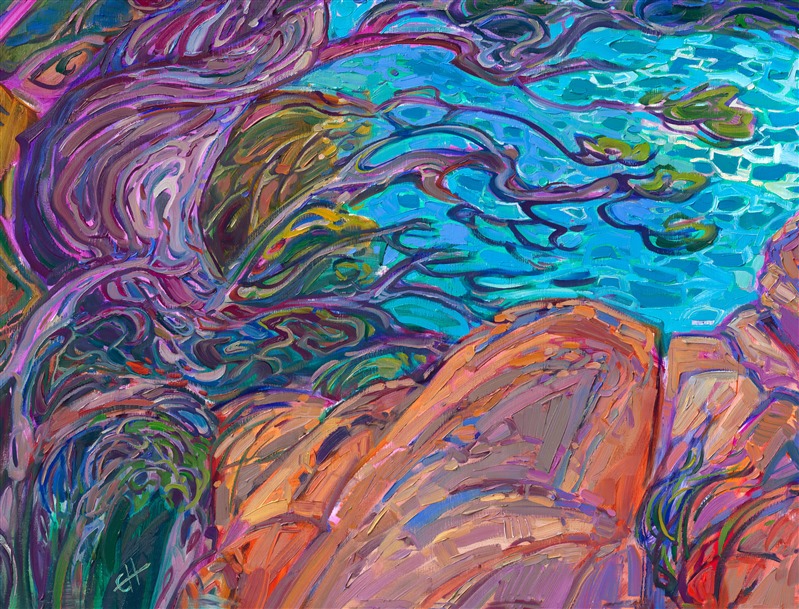 Monterey cypress trees frame a vista of the Pacific Ocean, their twisting, gnarled branches crisscrossing into abstract shapes. This oil painting of California cypress trees is alive with texture and color, capturing the vibrant motion of the outdoors with impasto, impressionistic brush strokes. Erin Hanson was inspired by hiking in Carmel's Point Lobos State Park.</p><p>This piece will be on display at Erin Hanson's solo museum show <i><a href="https://www.erinhanson.com/Event/AlchemistofColor" target="_blank">Erin Hanson: Alchemist of Color</i></a> at the Channel Islands Maritime Museum in Oxnard, California. You may purchase this painting now, but the piece will not be delivered until after the show ends on December 28th, 2023.</p><p>"California Cypress" is an original oil painting created on 2"-deep stretched canvas. The sides of the canvas are painted "wrap-around" style, so you can hang this work without framing. The piece arrives with cleat wall mounts, ready to hang.