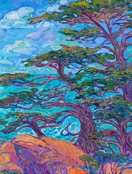 Monterey cypress trees frame a vista of the Pacific Ocean, their twisting, gnarled branches crisscrossing into abstract shapes. This oil painting of California cypress trees is alive with texture and color, capturing the vibrant motion of the outdoors with impasto, impressionistic brush strokes. Erin Hanson was inspired by hiking in Carmel's Point Lobos State Park.</p><p>This piece will be on display at Erin Hanson's solo museum show <i><a href="https://www.erinhanson.com/Event/AlchemistofColor" target="_blank">Erin Hanson: Alchemist of Color</i></a> at the Channel Islands Maritime Museum in Oxnard, California. You may purchase this painting now, but the piece will not be delivered until after the show ends on December 28th, 2023.</p><p>"California Cypress" is an original oil painting created on 2"-deep stretched canvas. The sides of the canvas are painted "wrap-around" style, so you can hang this work without framing. The piece arrives with cleat wall mounts, ready to hang.