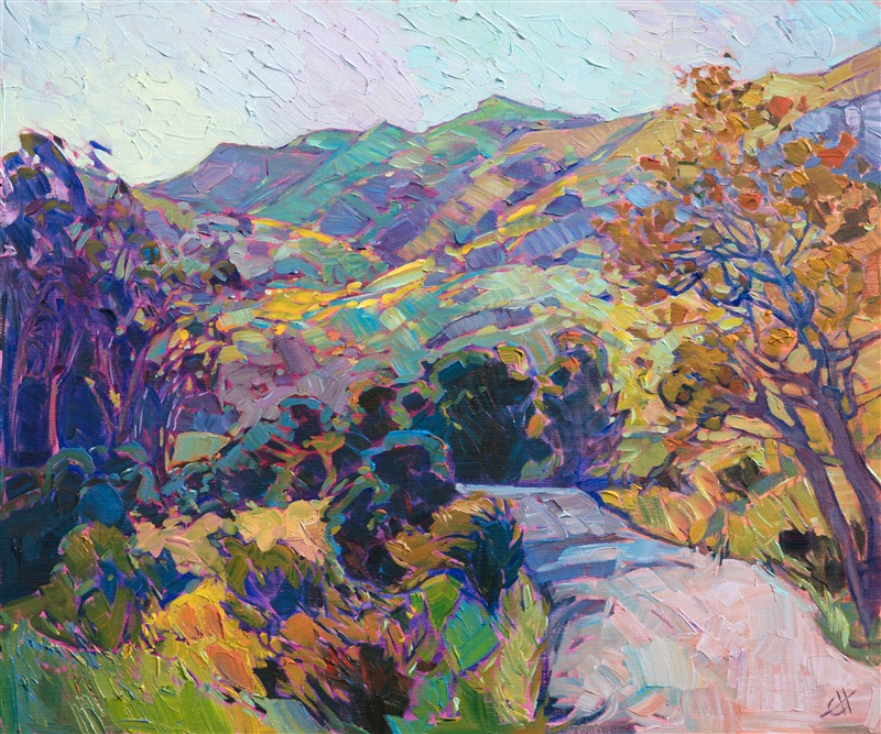 This painting is inspired by the raw natural beauty found at one of California's most beloved destinations, Carmel. The lush colors light up this canvas and transport the viewer to a peaceful path on a glorious fall day on the Northern California coast. The brush strokes and impressionistic in nature and brimming with wonder and excitement. </p><p>This painting was created on 1/8" canvas board, and it arrives framed and ready to hang.