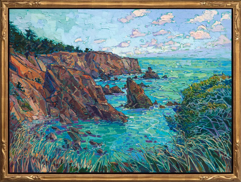 The fading light on the California coast near Mendocino casts a beautiful glow of color across the landscape and ocean waters. Each brushstroke captures a feeling of capturing a transient moment of time, an impressionistic memory of light.</p><p>This painting was created on 1-1/2" canvas, with the painting continued around the edges of the canvas. The piece has been framed in a custom-made, gold floater frame.