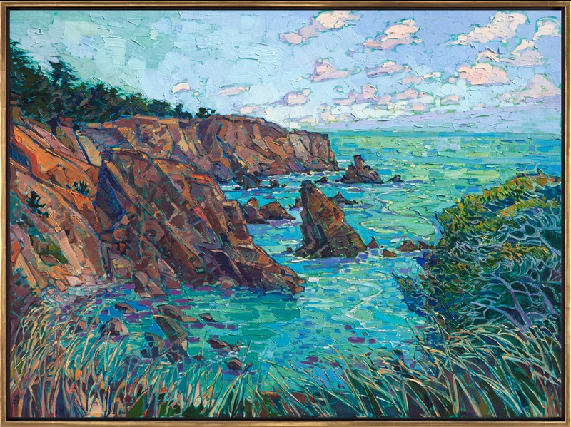 The fading light on the California coast near Mendocino casts a beautiful glow of color across the landscape and ocean waters. Each brushstroke captures a feeling of capturing a transient moment of time, an impressionistic memory of light.</p><p>This painting was created on 1-1/2" canvas, with the painting continued around the edges of the canvas. The piece has been framed in a custom-made, gold floater frame.