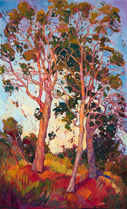 Winding branches of California eucalyptus trees entwine together, forming a beautiful abstract shape of color and lines.  This painting uses contrasting color, thickly applied oil paint, and loose brush strokes to capture the emotion and movement of these beautiful trees.</p><p>This painting was created on a gallery-depth canvas with the painting continued around the edges. The painting will arrive in a beautiful gold floater frame, wired and ready to hang. </p><p>Exhibited: <a href="http://westernmuseum.org/cowgirl-up/about//"><i>Cowgirl Up! Art from the Other Half of the West</i></a>, Desert Caballeros Western Museum, Wickenburg, AZ, 2016.<br/>