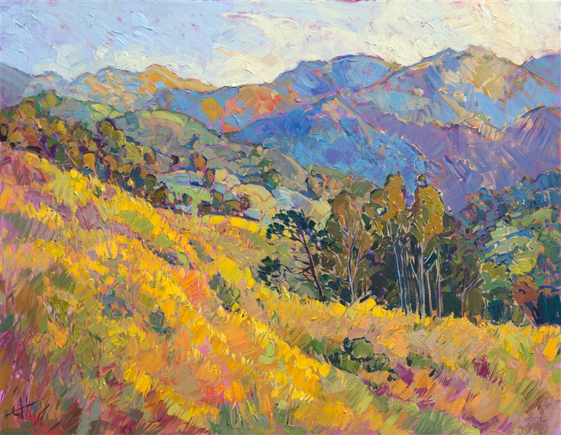 Mustard wildflowers blanket these California hills in cadmium yellow light, glimmering like gold in the afternoon sun.  This contemporary impressionist oil painting brings the movement of the outdoors to life with loose brush strokes and minimalist palette.

This original oil painting was created over an application of 24 karat gold leaf. The genuine gold glints through the layers of oil paint, catching the light in a subtle and surprising manner, and bringing the oil painting to life like never before.

The painting was created on 3/4" canvas and comes framed in a gilded, 6"-deep, museum-quality frame. The second photograph above shows the painting under gallery lighting in the frame that is included with this piece.




