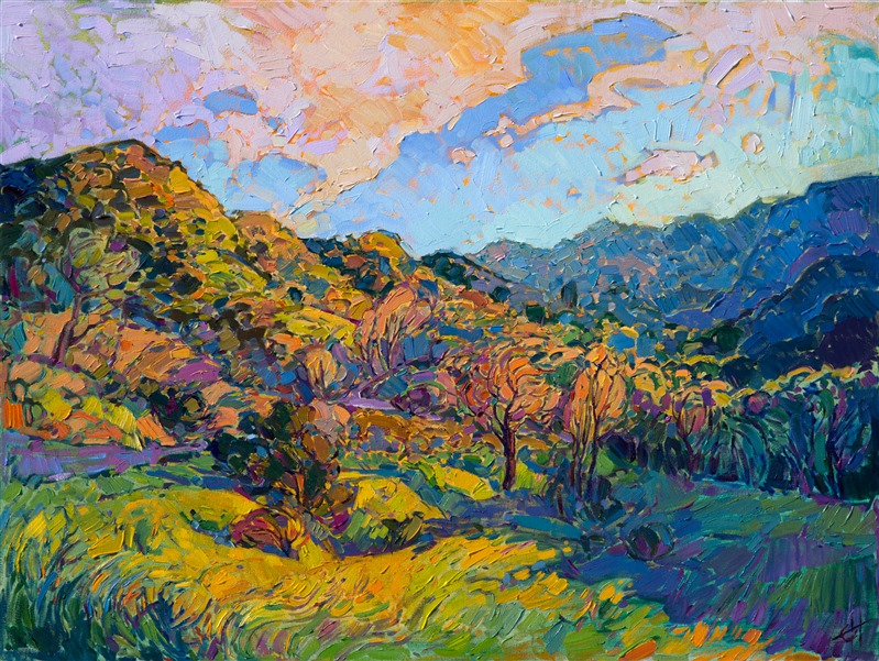 Rich colors of green and gold meld together in this painting inspired by central California's wine country.  The colors are alive and exciting, almost dreamlike, bringing to life this fleeting impression of a vividly colored landscape. Each brush stroke is carefully applied to convey a sense motion and light within the painting.</p><p>This painting was created on 1-1/2" deep canvas, with the painting continued around the edges. The painting is framed in a gold floater frame with black sides. It arrives wired and ready to hang.