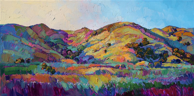 Vivid color and thickly textured oil paint capture the beautiful rolling hills of central California's wine country at dawn.  This painting comes to life in a mosaic of color and light.