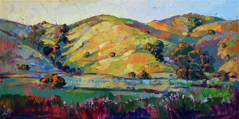 Paso Robles' wine country is most beautiful just at dawn, the cool hills covered in sparkling blue dew drops which slowly evaporate as the sun warms the grass. The brush strokes in this painting are thick and expressive, giving the emotion of the fresh outdoors.
