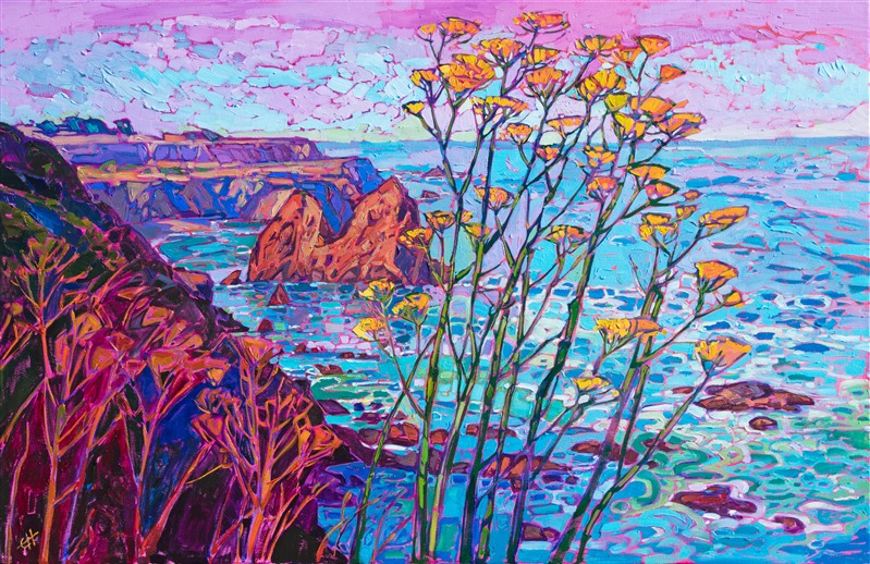 Mustard plants grow in abundance along Highway 1, their canary-yellow blooms bright against the backdrop of coastal blues. Scintillating color of purple, green, and turquoise swirl together in the waters below. The brush strokes in this painting are loose and impressionistic, the thick oil paint standing out from the surface of the canvas, giving additional depth to the painting.</p><p>"California Hues" was created on 1-1/2" canvas, with the painting continued around the edges of the canvas. The piece arrives framed in a contemporary gold floater frame.
