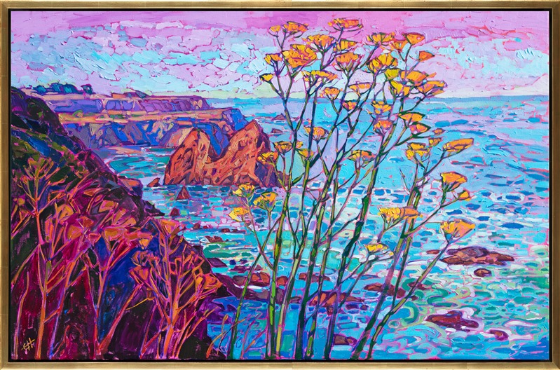 Mustard plants grow in abundance along Highway 1, their canary-yellow blooms bright against the backdrop of coastal blues. Scintillating color of purple, green, and turquoise swirl together in the waters below. The brush strokes in this painting are loose and impressionistic, the thick oil paint standing out from the surface of the canvas, giving additional depth to the painting.</p><p>"California Hues" was created on 1-1/2" canvas, with the painting continued around the edges of the canvas. The piece arrives framed in a contemporary gold floater frame.
